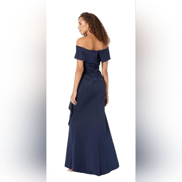 Xscape  Long Scuba Off The Shoulder Dress NWT Size 14 Navy Blue - Picture 2 of 5